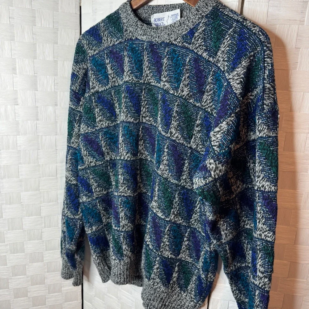 Vintage Robert Bruce Mens Sweater Medium Abstract Geometric Knit Sweater